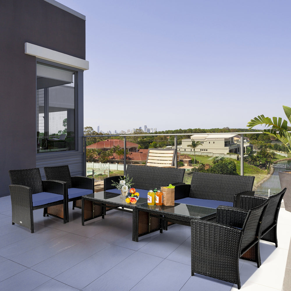 4Pcs Patio Rattan Cushioned Furniture Set-Navy - Gallery View 1 of 12