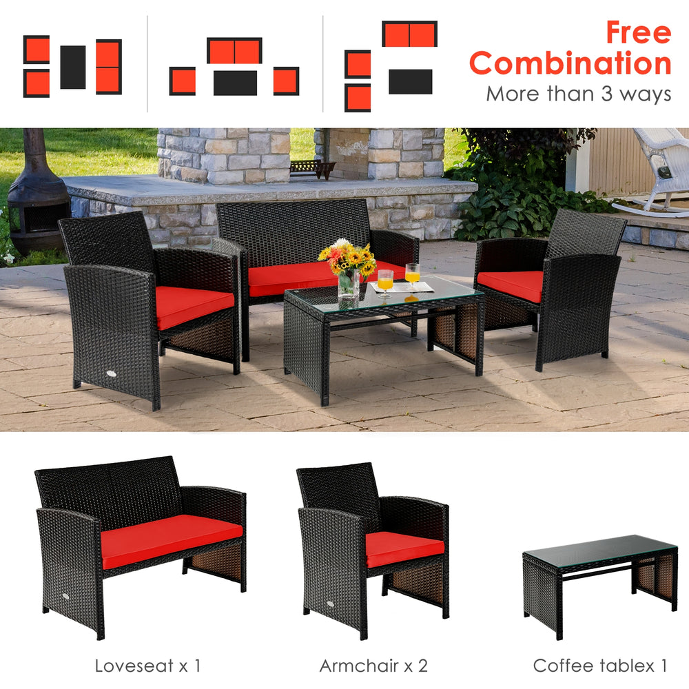 Four-piece patio rattan furniture set with red cushions, including loveseat, two armchairs, and coffee table for.