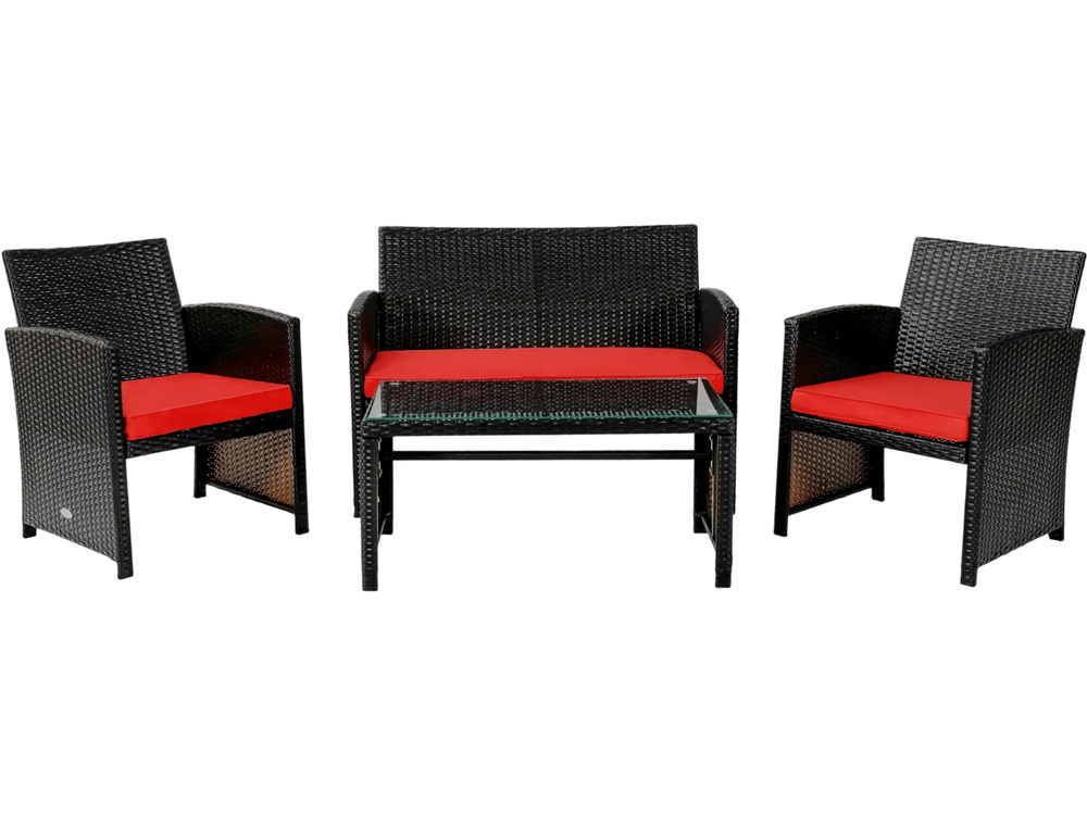 Single chair from the 4 Pieces Patio Rattan Cushioned Furniture Set with a red cushion, offering comfort and stylish.