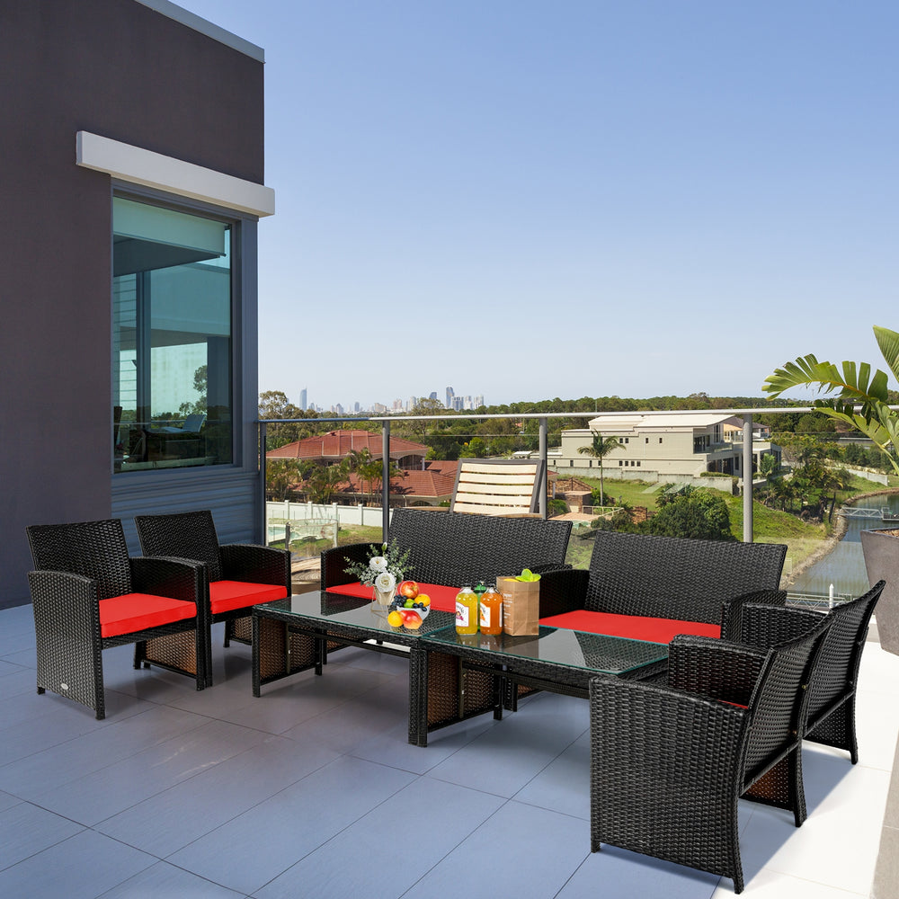 4 Pieces Patio Rattan Cushioned Furniture Set-Red - Gallery View 1 of 12