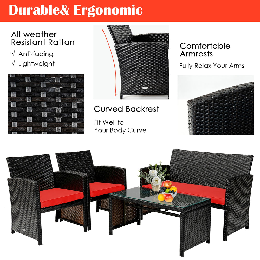 Four-piece patio rattan furniture set with red cushions, including loveseat, two chairs, and tempered glass coffee.