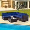Navy 6-piece patio rattan furniture set with cushions and glass coffee table, perfect for outdoor relaxation by the.