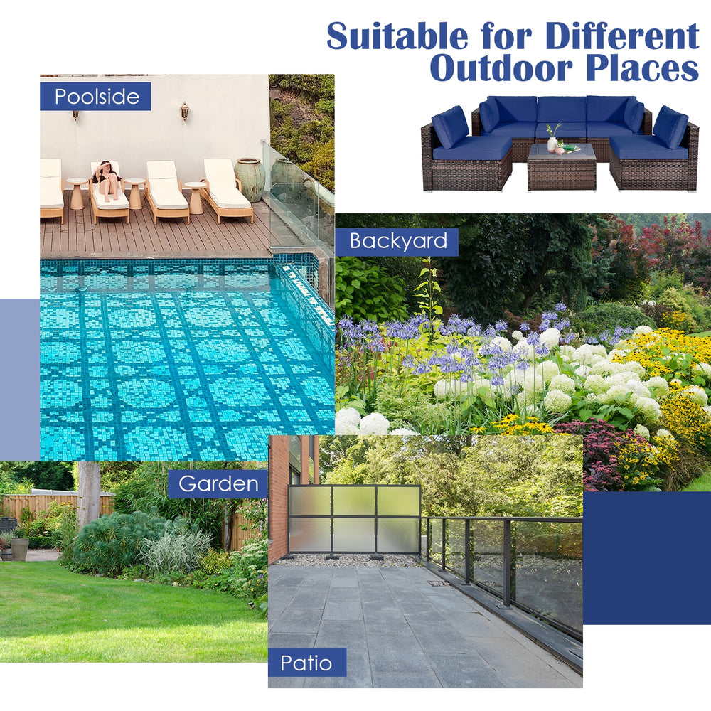6-piece patio rattan furniture set with navy cushions and glass coffee table, ideal for outdoor relaxation in various.