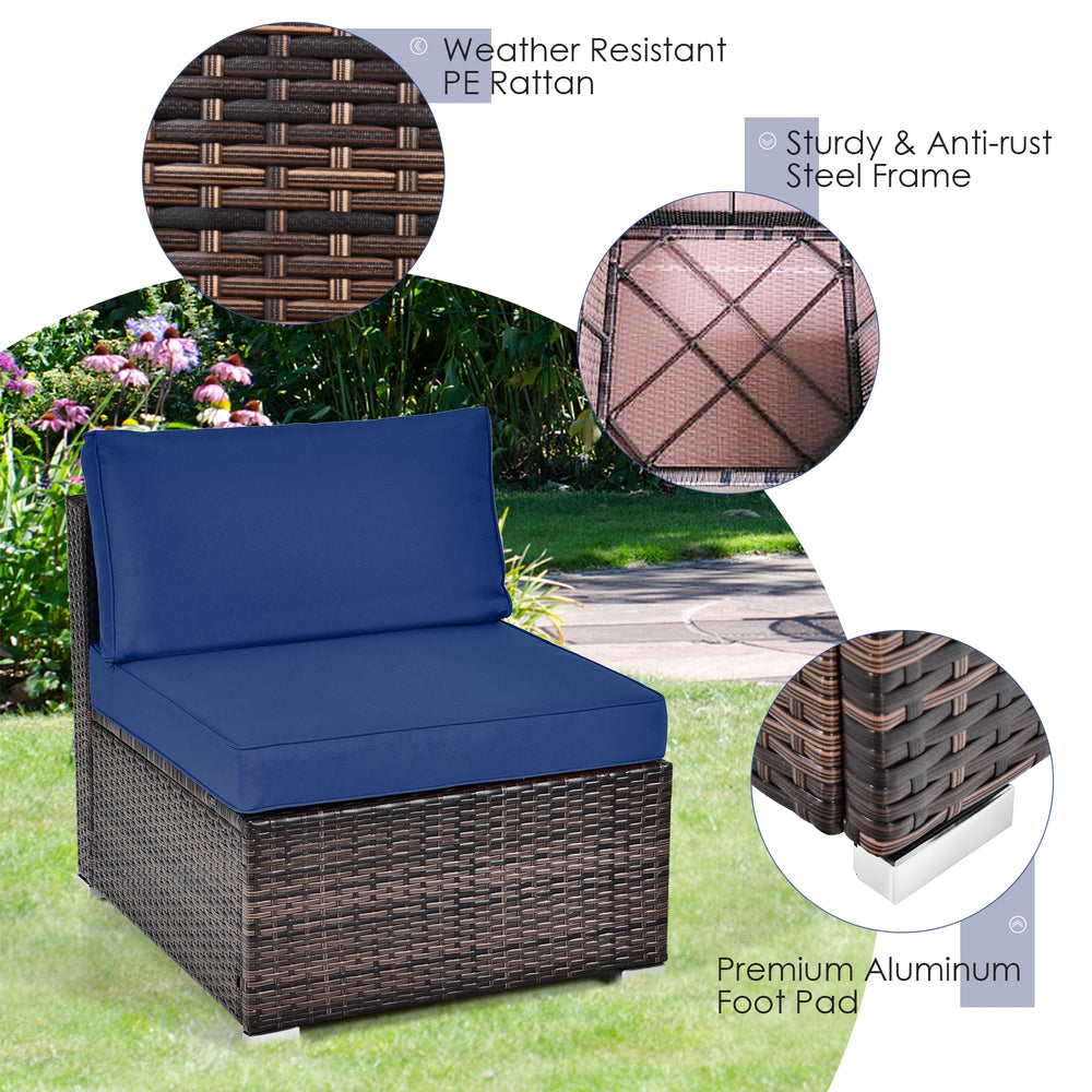 Single patio chair with navy cushion, made of weather-resistant PE rattan and sturdy steel frame, ideal for outdoor use.