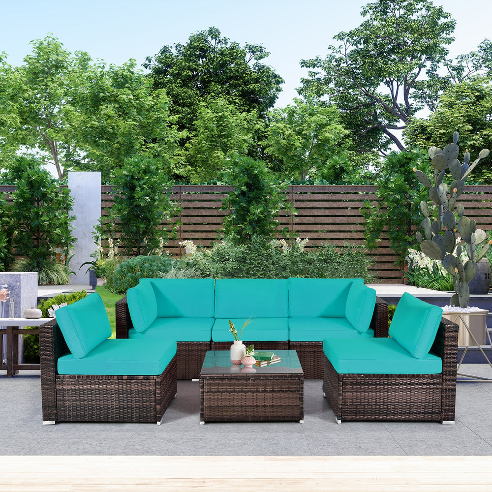 6 Pieces Patio Rattan Furniture Set with Cushions and Glass Coffee Table-Turquoise - Gallery View 1 of 10