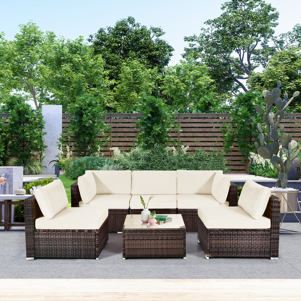 6 Pieces Patio Rattan Furniture Set with Cushions and Glass Coffee Table-White - Gallery View 1 of 10