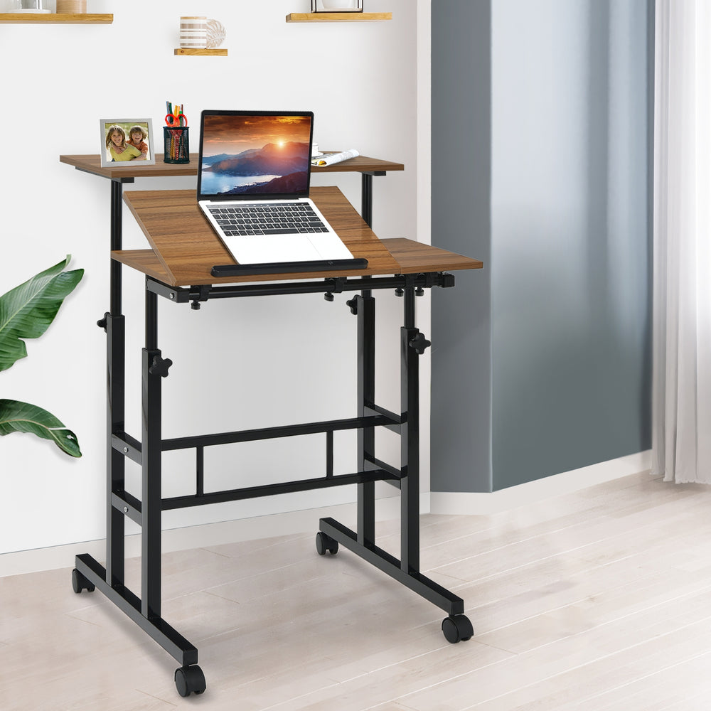 Mobile Standing up Desk Adjustable Computer Desk Tilting Workstation-Walnut - Gallery View 1 of 8