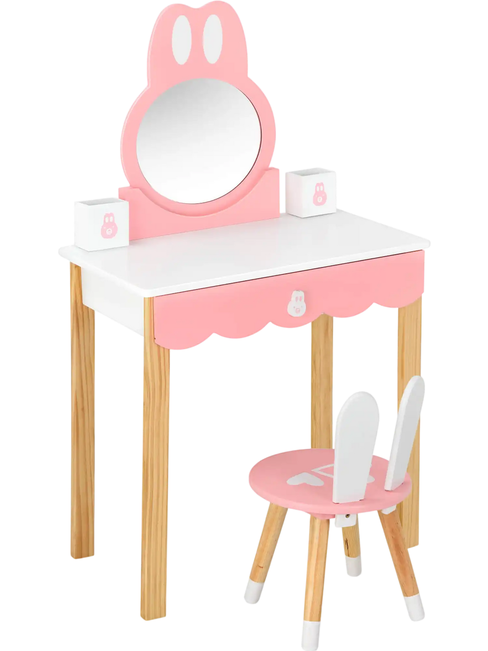 Kids vanity set featuring a pink rabbit design, round mirror, and storage drawer, perfect for playroom or bedroom use.