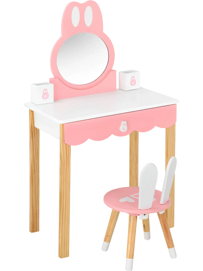 Costway Kids Rabbit Vanity Table Chair Mirror Drawer Set 26487390 New