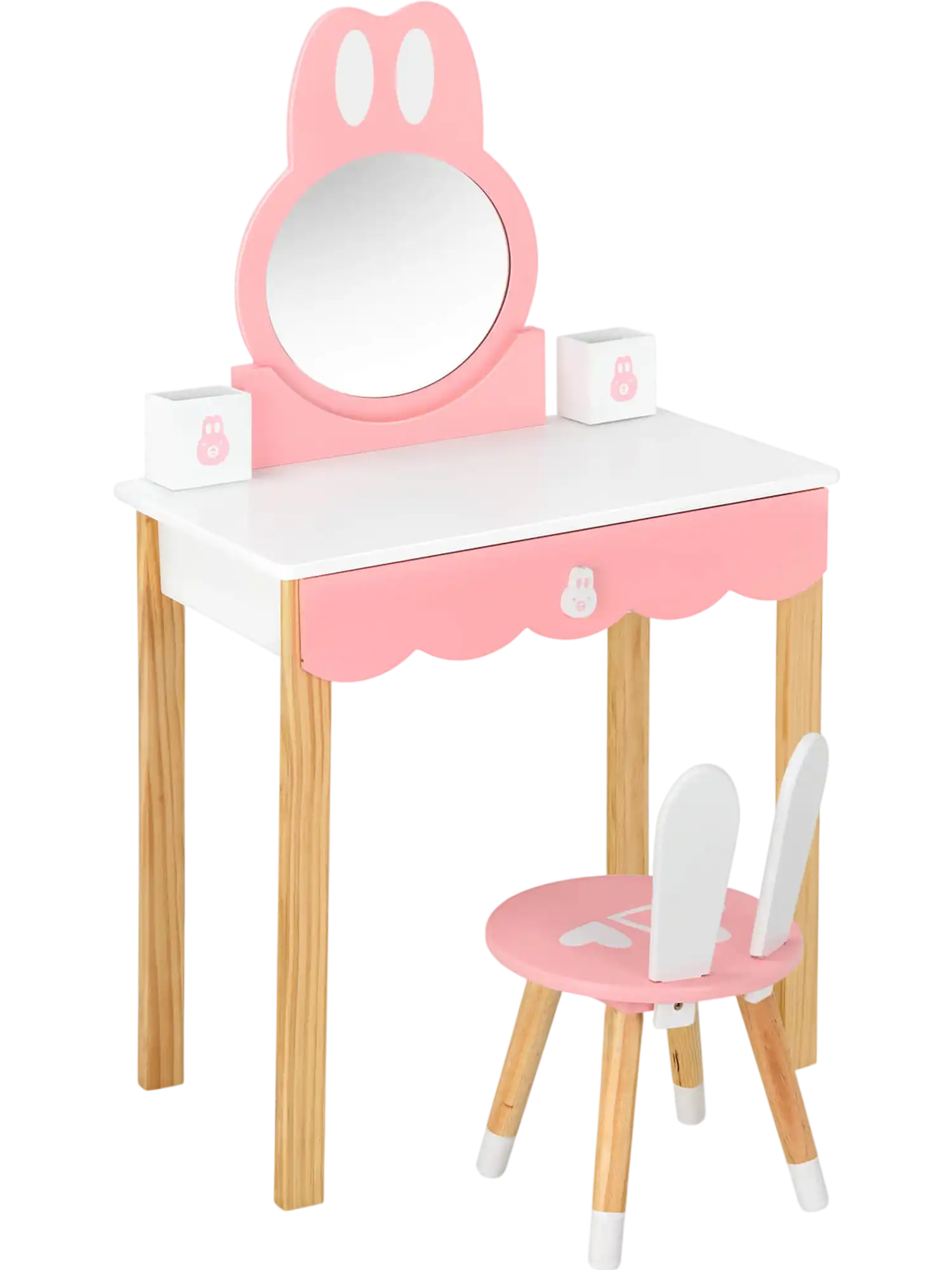 Costway Kids Rabbit Vanity Table Chair Set Mirror Drawer 26487390 New