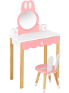 Kids vanity set featuring a pink rabbit design, round mirror, and storage drawer, perfect for playroom or bedroom use.