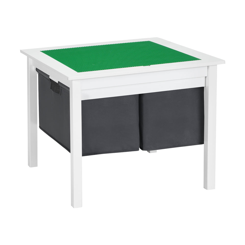 Kids double-sided activity building block table in white with green top and two storage drawers for creative play.