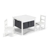 White kids activity table with under-table storage drawers, paired with two ergonomic chairs for comfortable play and.