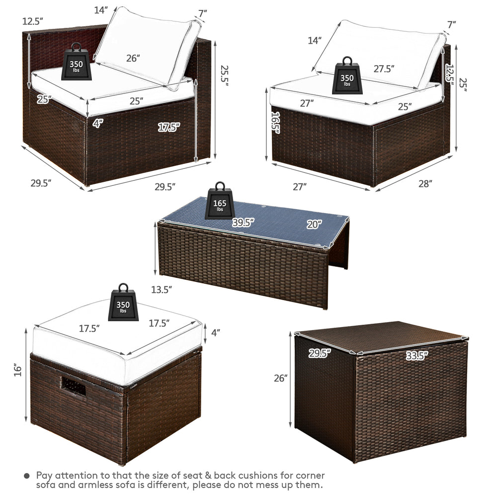 Detailed dimensions of the 8-piece patio rattan furniture set, including sofas, ottomans, and storage box for.