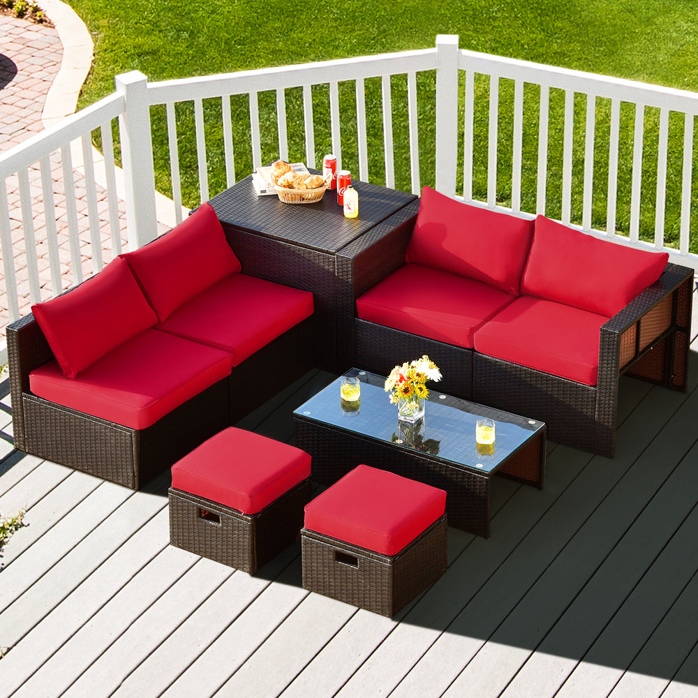 8 Pieces Patio Space-Saving Rattan Furniture Set with Storage Box and Waterproof Cover-Red - Gallery View 1 of 11