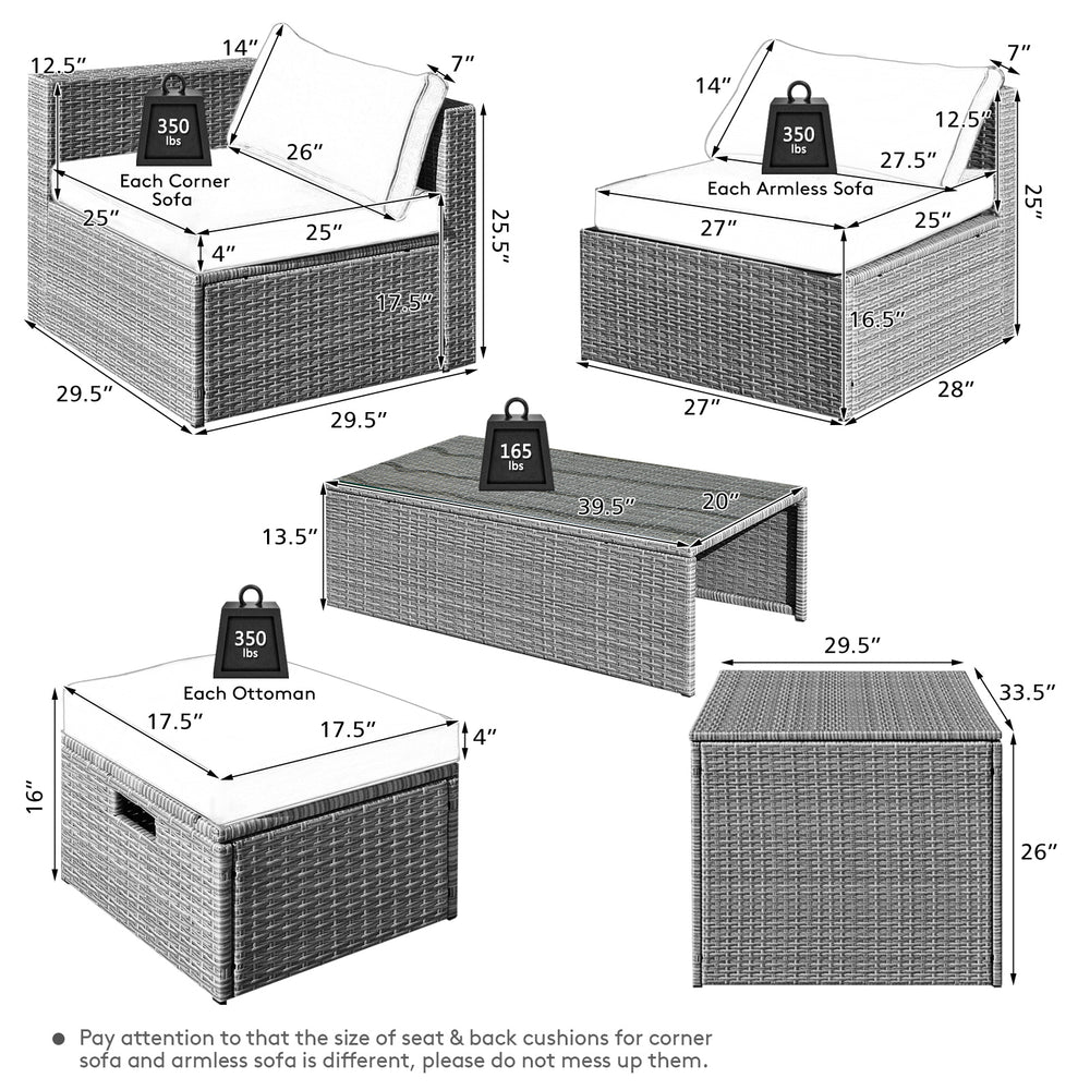 Corner sofa and ottoman from the 8-piece patio rattan furniture set with waterproof cover and cushions for outdoor use.