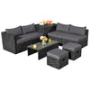 8-piece patio rattan furniture set with gray cushions, including a coffee table, storage box, and ottomans for outdoor.
