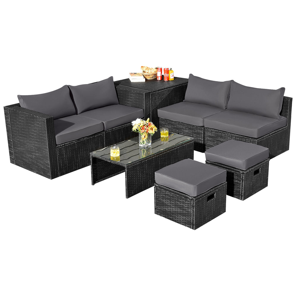 8-piece patio rattan furniture set with gray cushions, including a coffee table, storage box, and ottomans for outdoor.