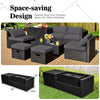 8-piece gray patio rattan furniture set with storage box, coffee table, and soft cushions for outdoor space-saving.
