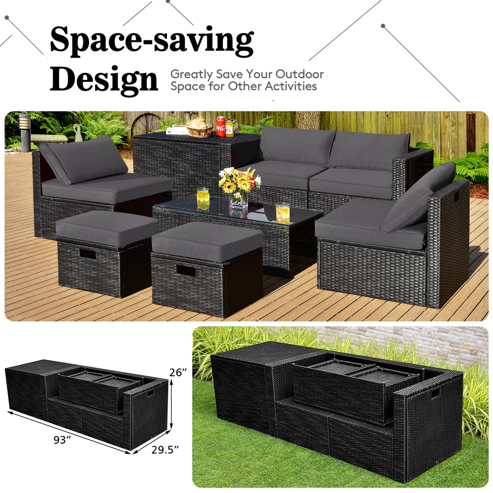 8-piece gray patio rattan furniture set with storage box, coffee table, and soft cushions for outdoor space-saving.