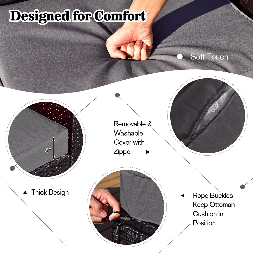 Close-up of soft cushion with zipper cover from the 8-piece gray patio rattan furniture set for outdoor comfort.