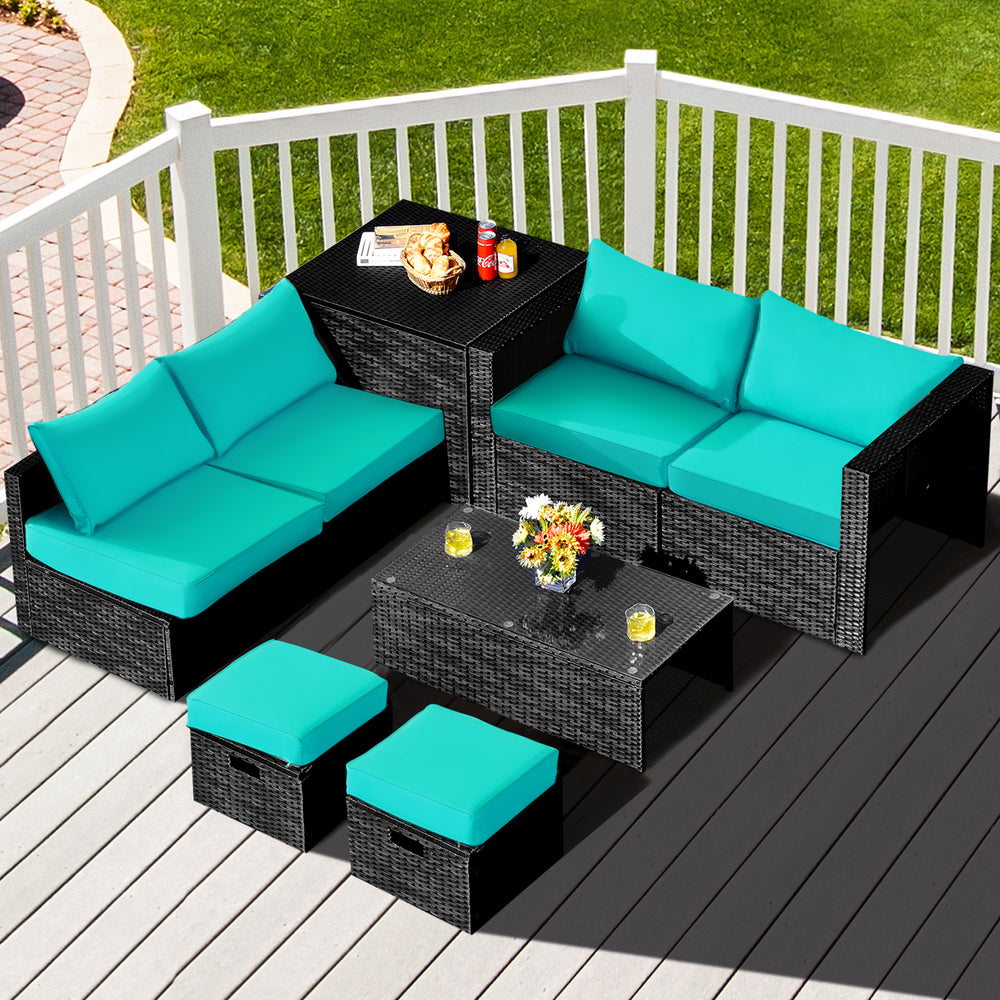 8 Pieces Patio Rattan Storage Table Furniture Set-Turquoise - Gallery View 1 of 11