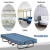 Rollaway guest bed with navy memory foam mattress and sturdy steel frame, perfect for versatile use in any room.