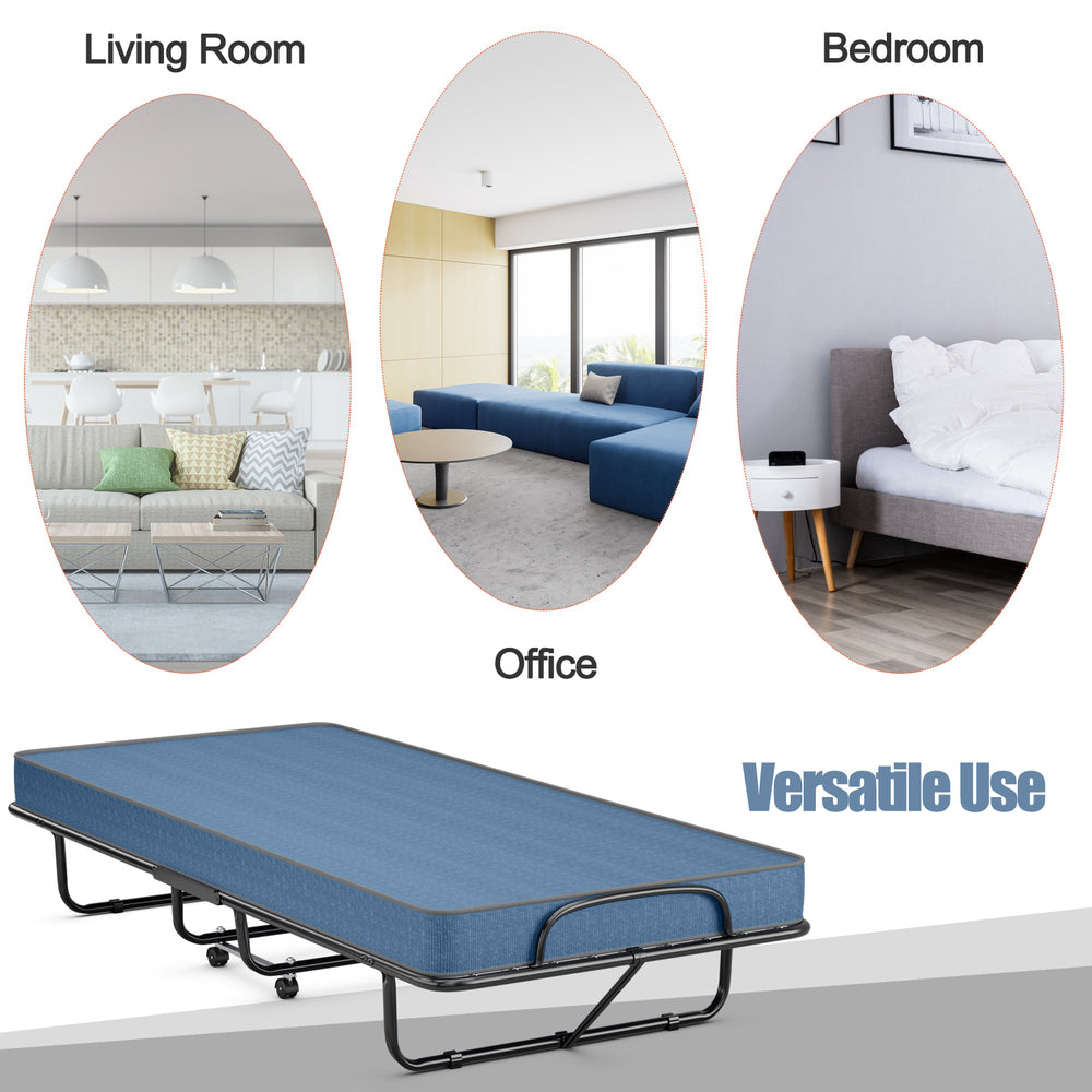 Rollaway guest bed with navy memory foam mattress and sturdy steel frame, perfect for versatile use in any room.