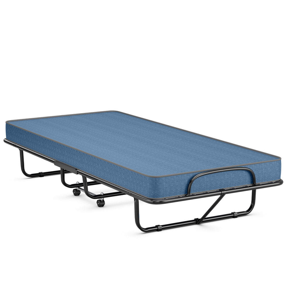 Rollaway guest bed with navy memory foam mattress and sturdy steel frame, ideal for easy storage and transport.