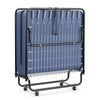 Folding rollaway guest bed with navy memory foam mattress and sturdy steel frame, ideal for space-saving storage.