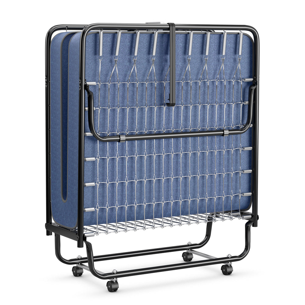 Folding rollaway guest bed with navy memory foam mattress and sturdy steel frame, ideal for space-saving storage.