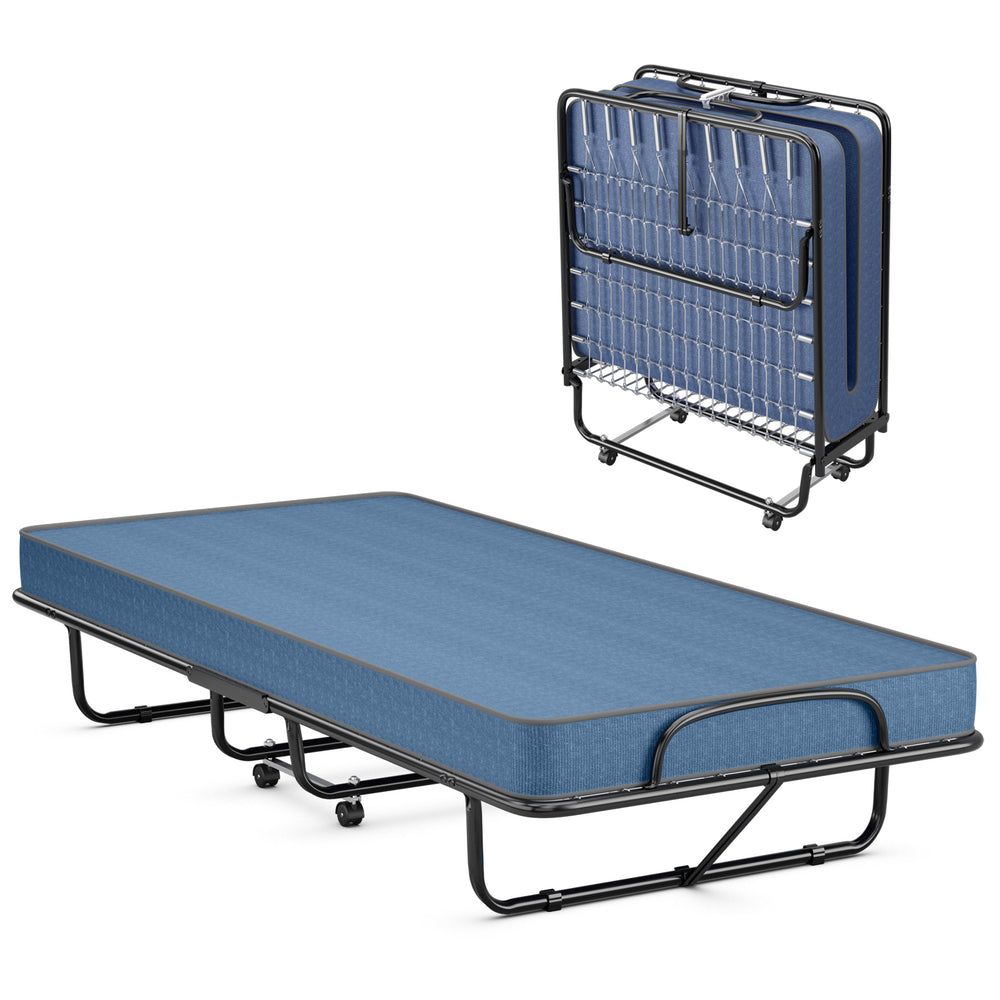 Rollaway guest bed featuring a navy memory foam mattress and sturdy steel frame, ideal for easy storage and transport.