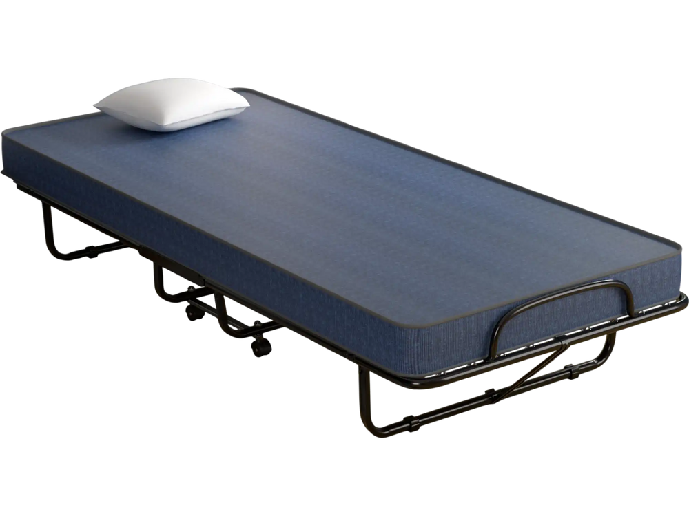 Rollaway guest bed with navy memory foam mattress in a modern setting, showcasing its compact folding design for easy.