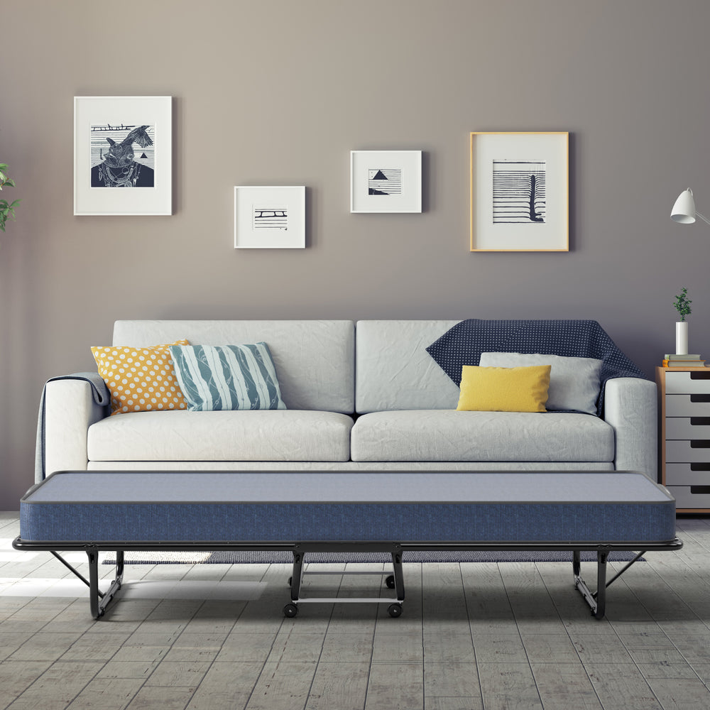 Rollaway guest bed with navy memory foam mattress and sturdy steel frame, ideal for space-saving in modern interiors.