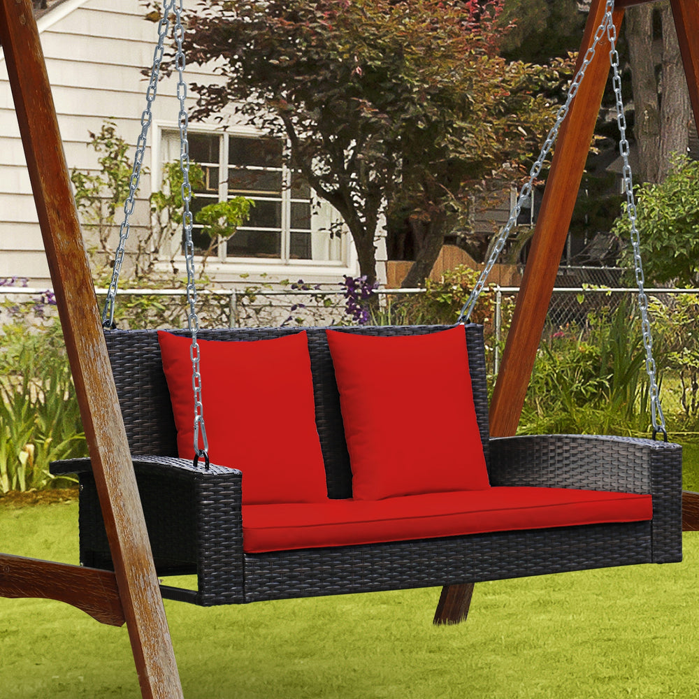 2-Person Patio Rattan Porch Swing with Cushions-Red - Gallery View 1 of 11