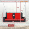 Dimension chart for the 2-person patio rattan swing with red cushions, showcasing hanging height and seat measurements.