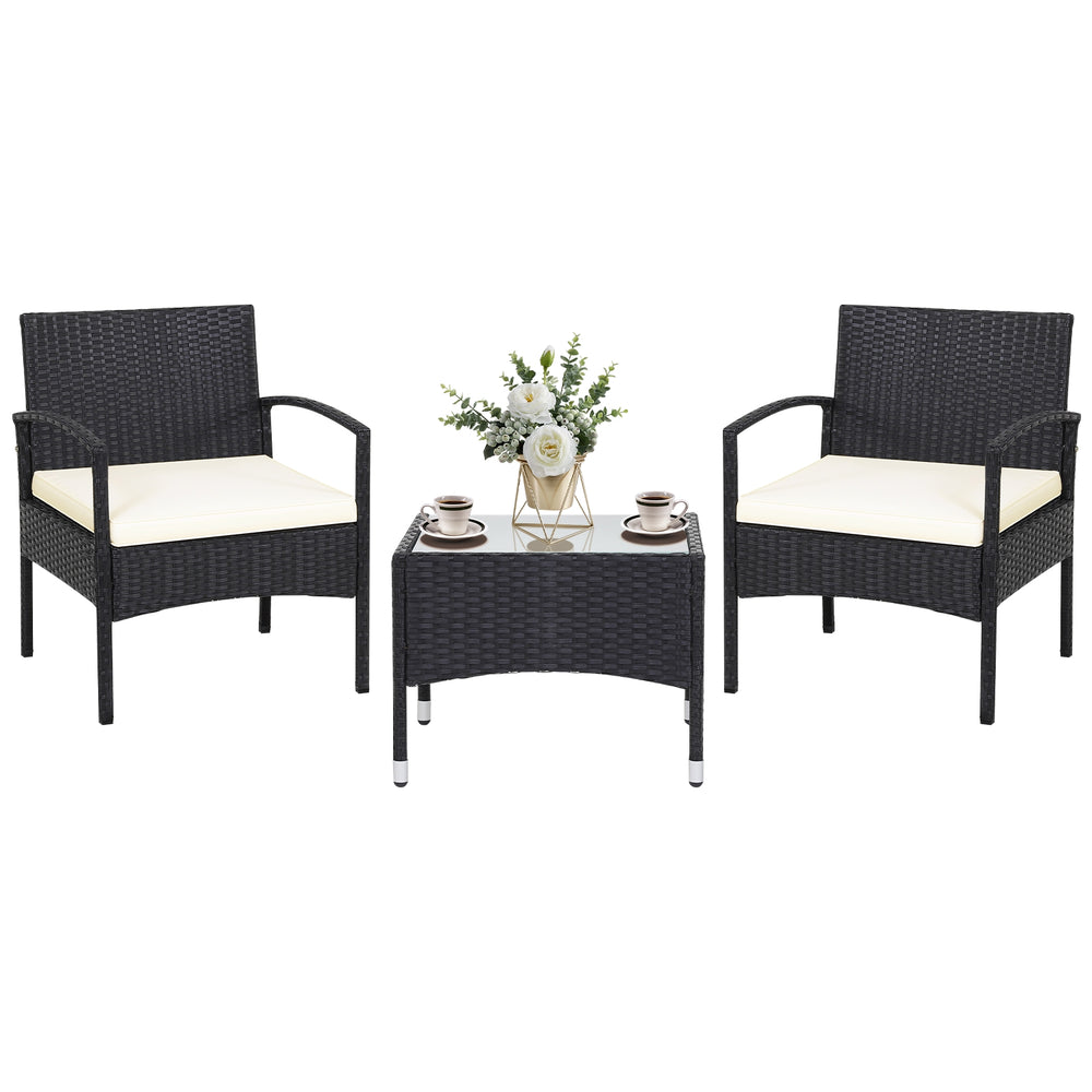 3-piece patio wicker rattan furniture set with cushions, featuring a coffee table, ideal for backyard relaxation.