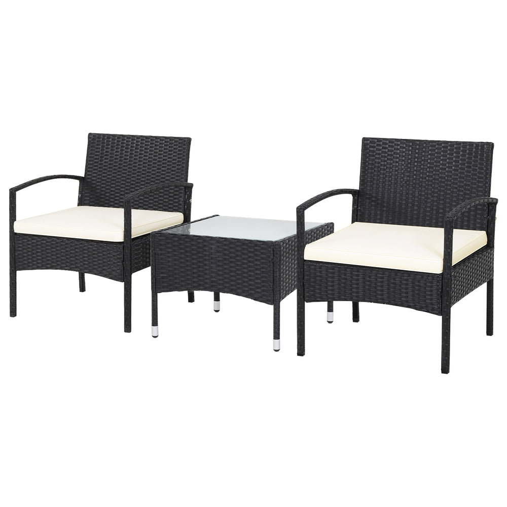 Two black patio wicker rattan chairs with thick cushions, perfect for comfortable outdoor seating in your backyard.