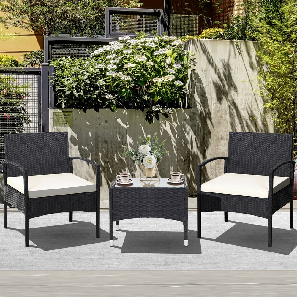 3-piece patio wicker rattan furniture set with cushions, featuring a coffee table, ideal for outdoor relaxation in the.