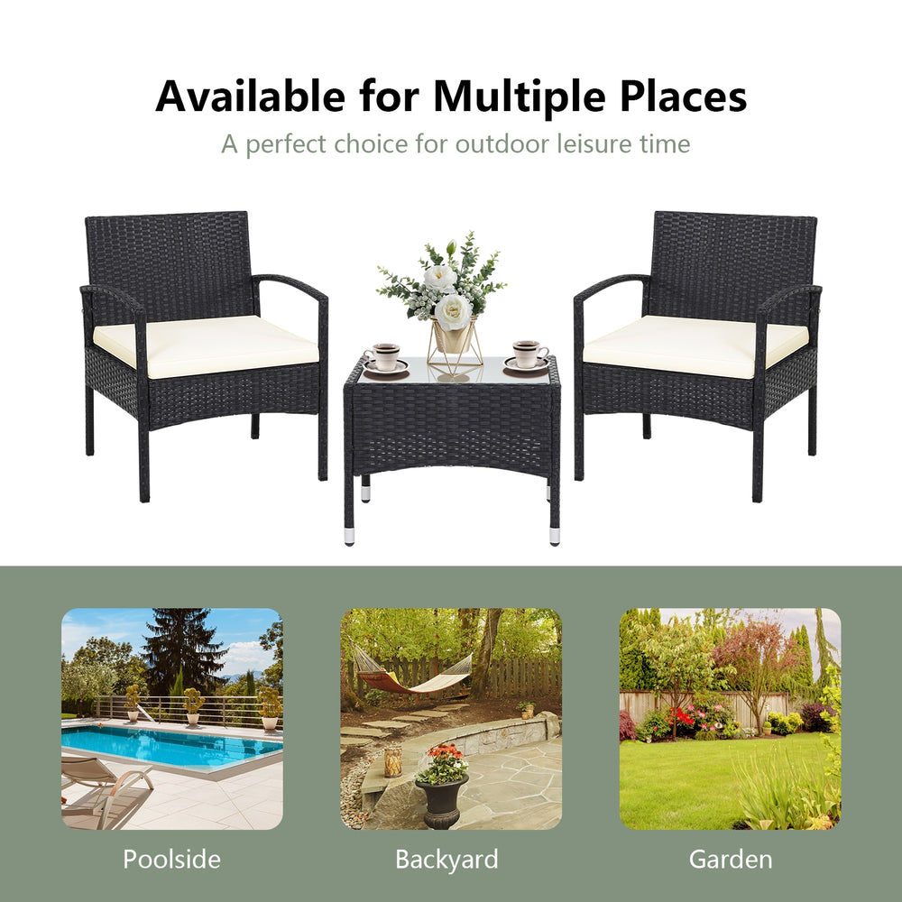 3-piece patio wicker rattan furniture set with cushions, ideal for outdoor relaxation in garden or backyard.
