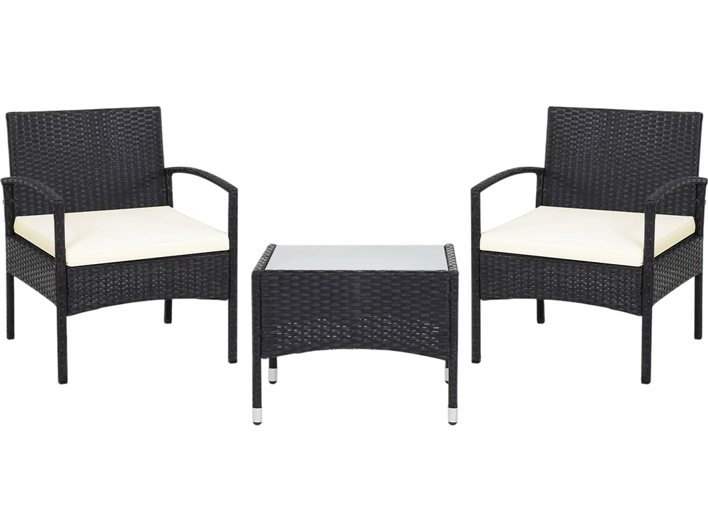 3-piece patio wicker rattan furniture set with cushions, featuring a coffee table with tempered glass, ideal for.