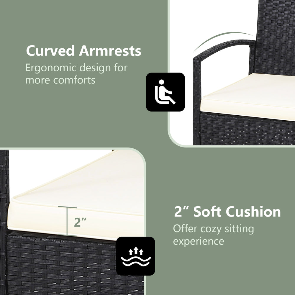 Curved armrests and 2" soft cushion of the patio wicker chair provide ergonomic comfort for outdoor relaxation.