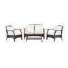 4-piece outdoor rattan conversation set with soft cushions, ergonomic design, and a coffee table for patio relaxation.