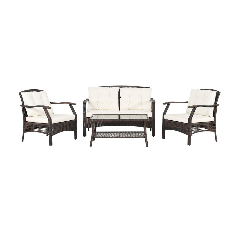 4-piece outdoor rattan conversation set with soft cushions, ergonomic design, and a coffee table for patio relaxation.