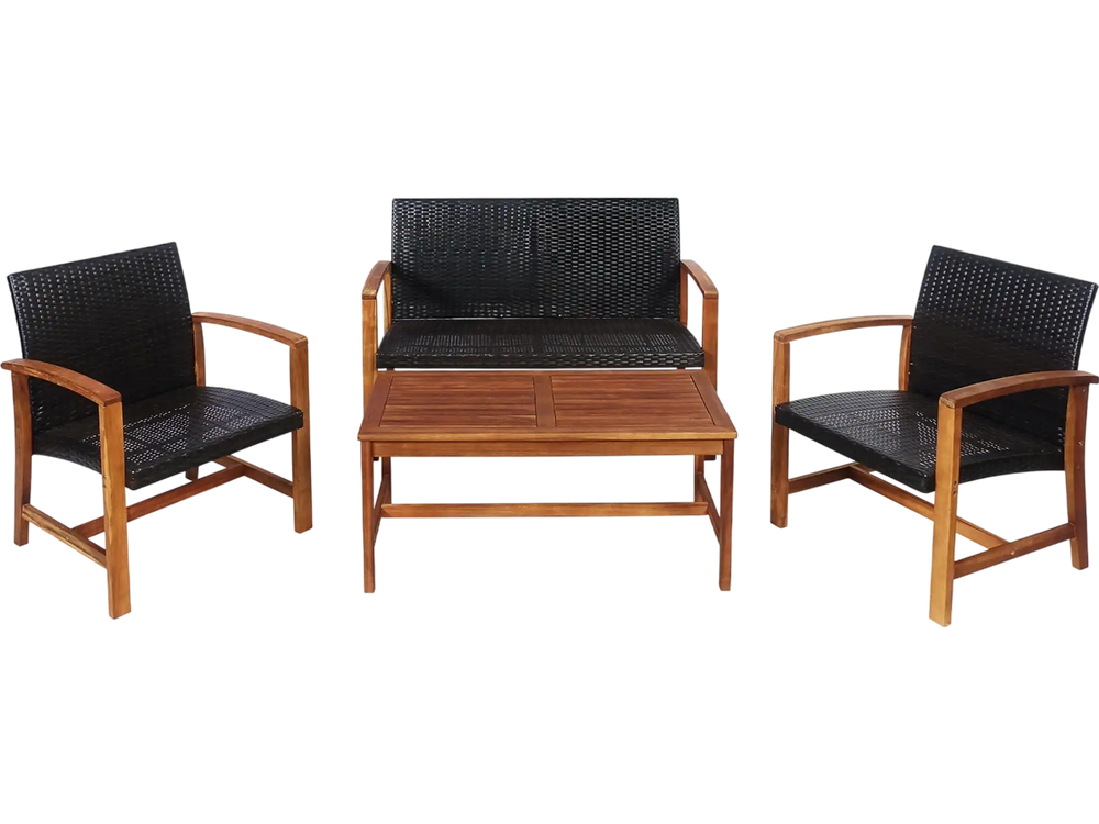4 Pieces PE Rattan Patio Furniture Set with Solid Acacia Wood
