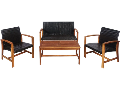 Costway 4-Piece PE Rattan Patio Furniture Set Solid Acacia Wood 04726319 New