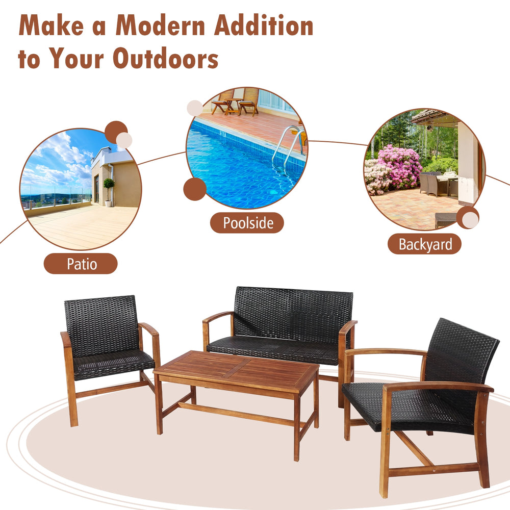 4-piece PE rattan patio furniture set with solid acacia wood, ideal for backyard relaxation and outdoor gatherings.