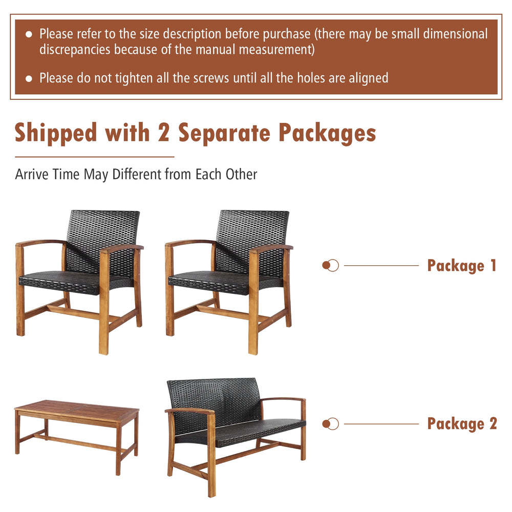 4-piece PE rattan patio furniture set featuring solid acacia wood, including 2 chairs, a loveseat, and a coffee table.