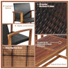 Ergonomic backrest and slightly curved armrests of the 4-piece PE rattan patio furniture set with acacia wood.