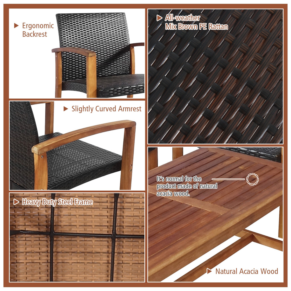 Ergonomic backrest and slightly curved armrests of the 4-piece PE rattan patio furniture set with acacia wood.
